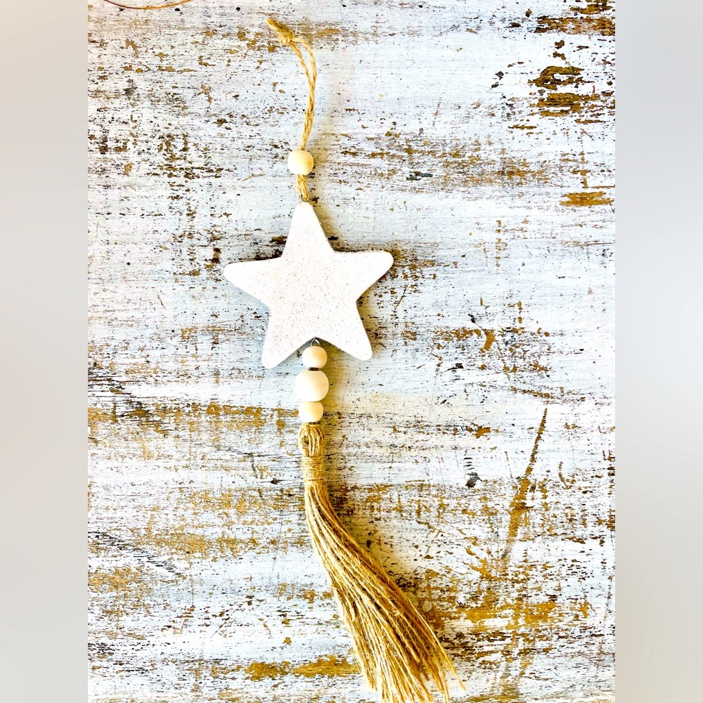 *Glittered White Star Beaded Wood Ornament With Tassel